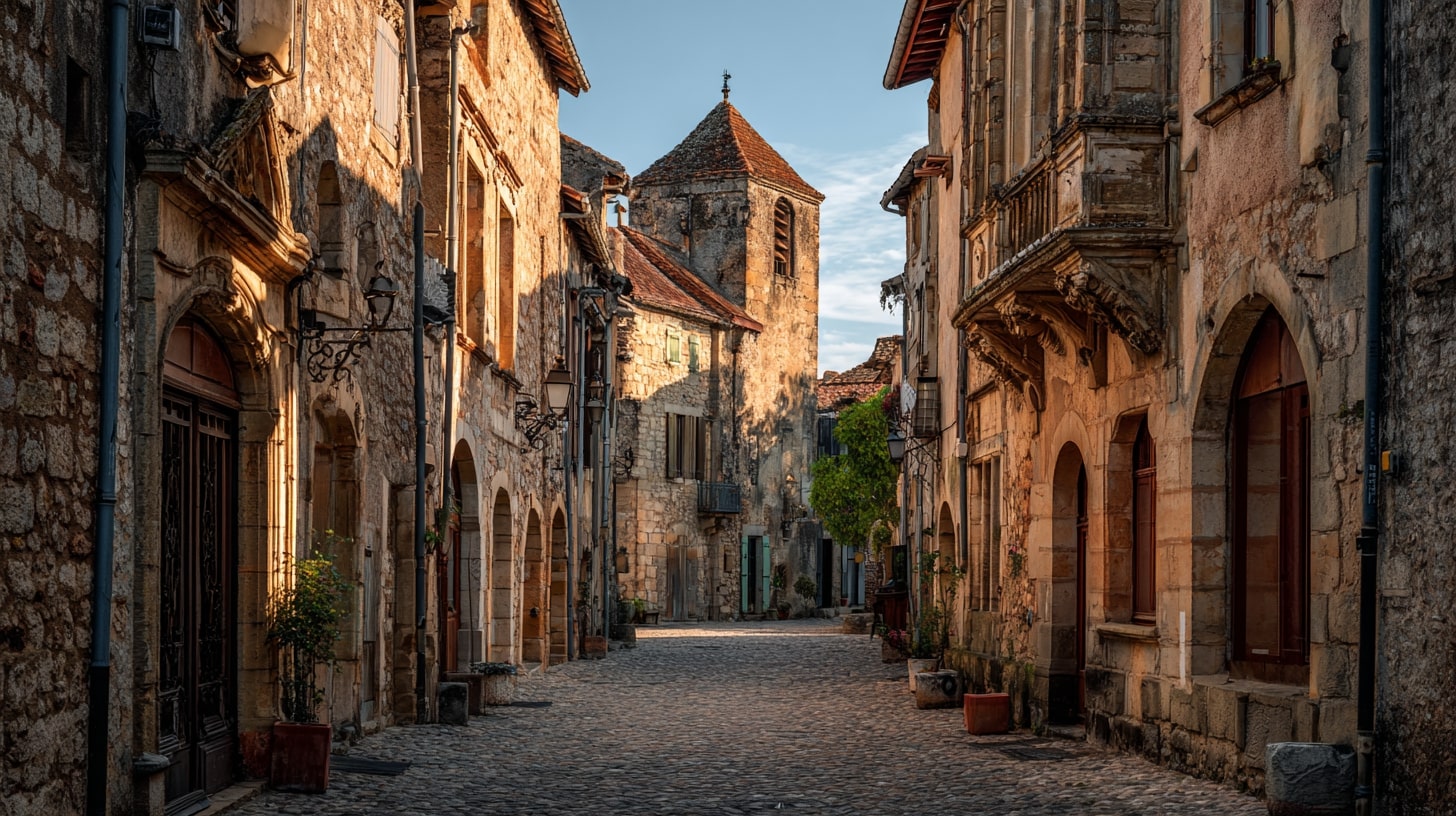 Rue bordée de maisons Renaissance témoignant de la richesse d’un ancien bourg monétaire, sous la lumière douce d’un clocher en fin d’après-midi